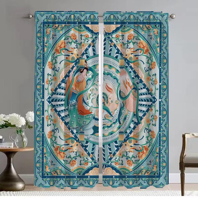 Elegante Tüll-Raumvorhänge im chinesischen Stil für Schlafzimmer und Raumteiler, 2er-Set, Blau, Breite: 50 cm, Höhe: 70 cm - Bild 1