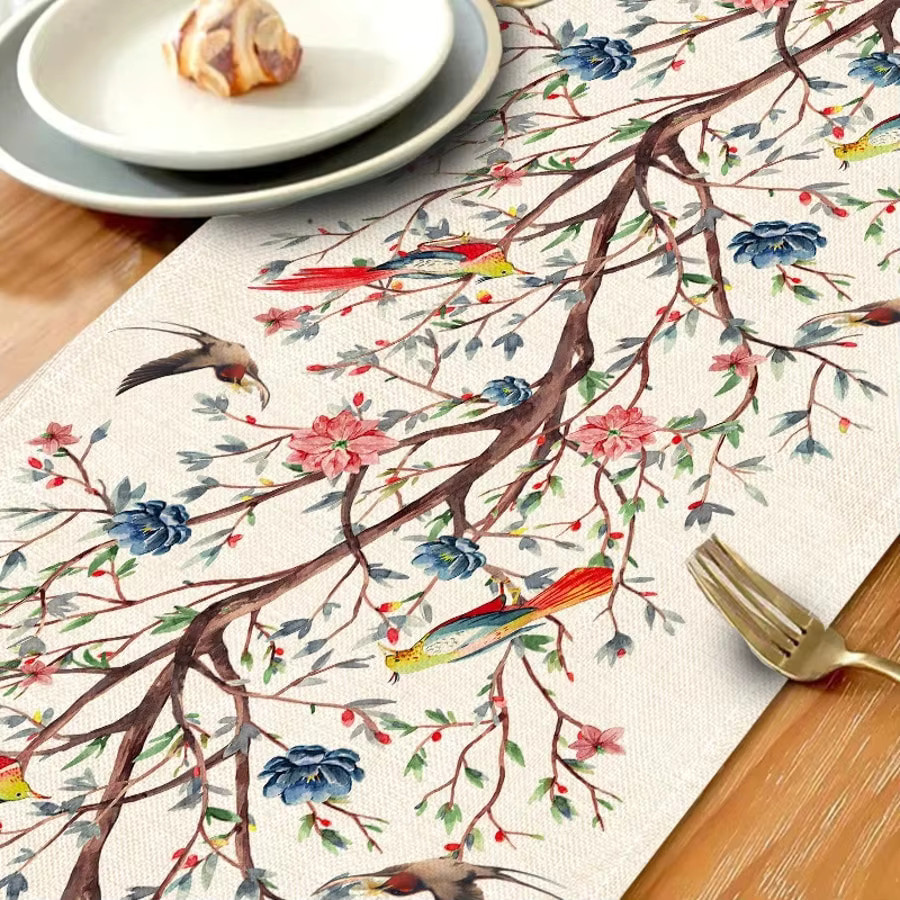JIT Tischläufer aus Leinen mit Vogelbaum-Blumenmuster in Mehrfarbig - Bild 2
