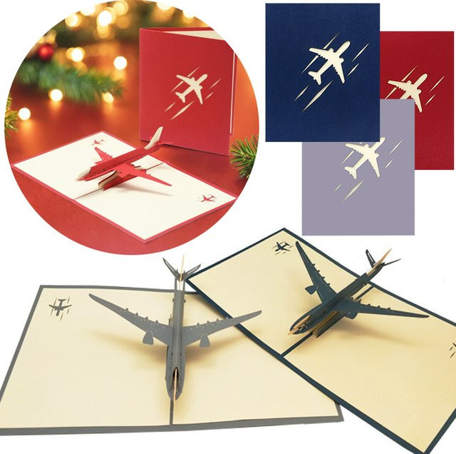 ZYF 3er Set 3D Flugzeug Grußkarten im Zivil Luftfahrt Stil, faltbare Einladungskarten in Blau, Rot und Grau - Bild 1