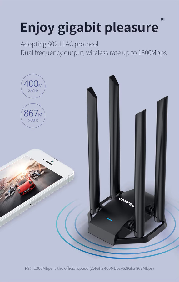 Comfast Free-Drive Dualband WLAN-Adapter mit 1300 MBit/s, Micro USB 3.0 Wireless-Netzwerkkarte, 4 x 6dBi-Antennen, Schwarz - Bild 5