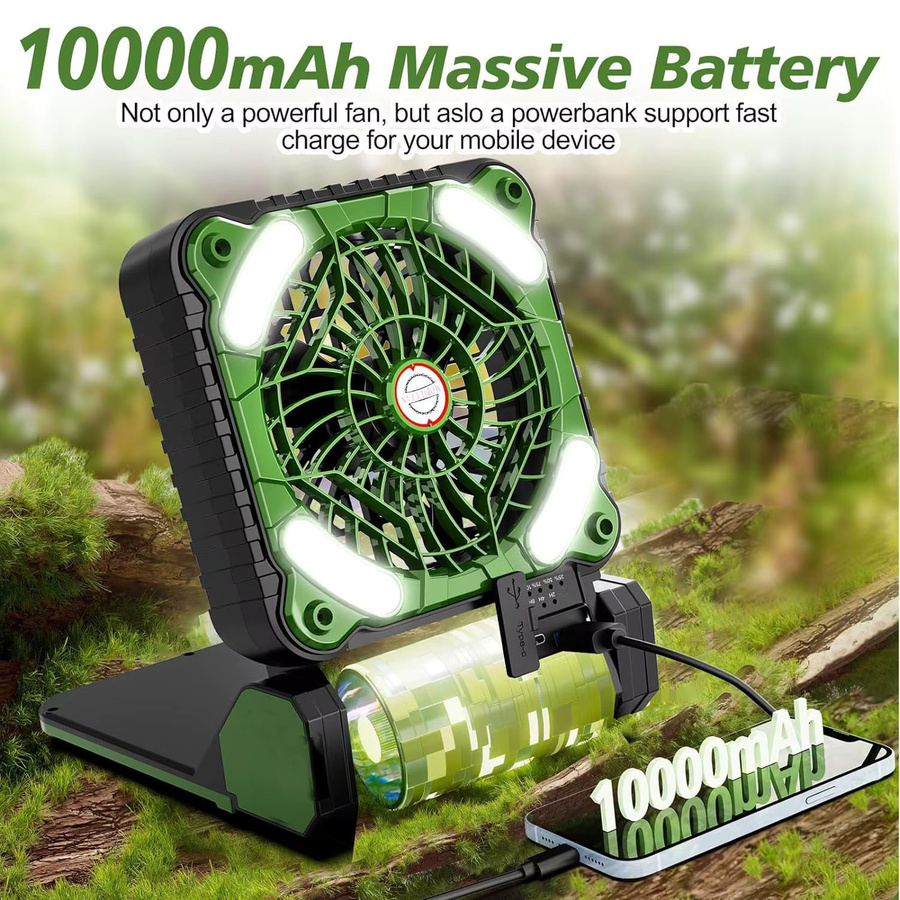 WAAJEA Solar Camping-LED-Laterne mit integriertem Ventilator, 10000mAh Akku, 4 Geschwindigkeiten und 90 Grad Faltung, Schwarz - Bild 4