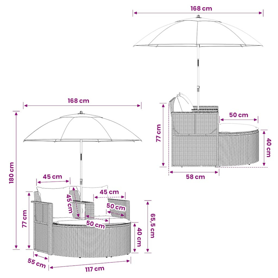 vidaXL Garten-Sofagarnitur aus grauem Poly-Rattan mit 2-Sitzer-Sofa, Fußstütze und Sonnenschirm - Bild 4