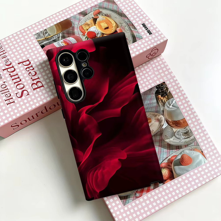 Stoßfeste Doppelschicht Handyhülle mit Samt-Blumen-Design für Samsung Galaxy S25 Ultra, S24 und S23 Ultra Plus in Rot-Schwarz - Bild 3