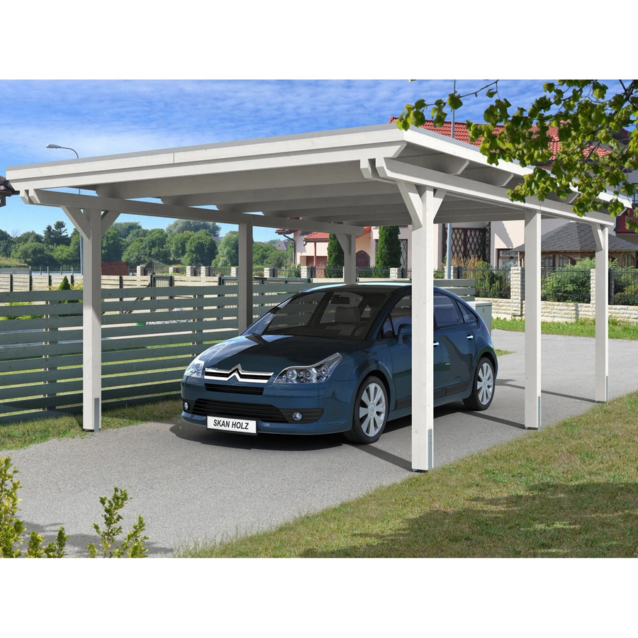 Skan Holz Einzelcarport Emsland aus Leimholz Fichte in Weiß mit flacher Dachform und Aluminium-Dachplatten, B/T: 404 x 604 cm, Höhe: 242 cm - Bild 2