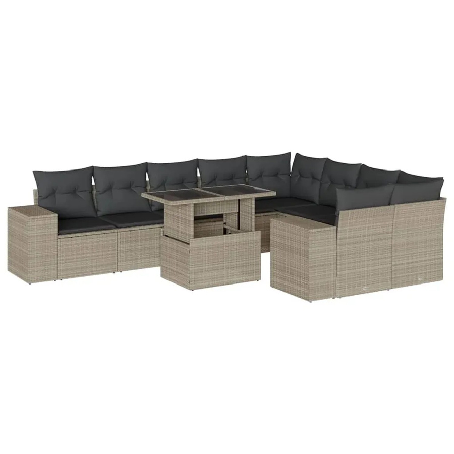 vidaXL 10-tlg. Garten-Sofagarnitur in L-Form aus Polyrattan mit Kissen in Hellgrau - Bild 2
