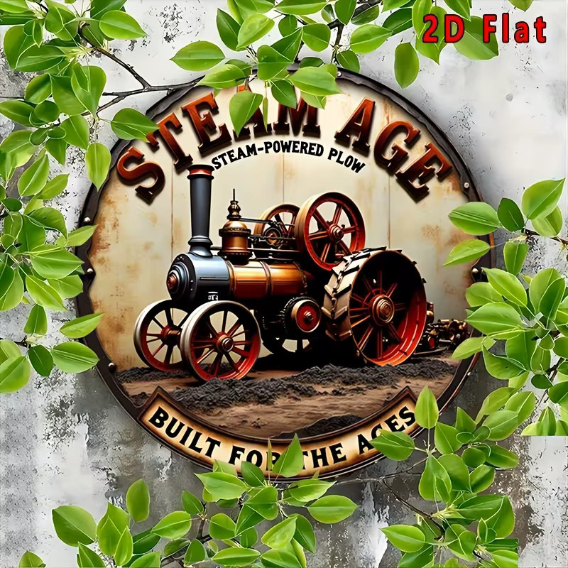 Potdemiel Vintage Steam Age Traktor Metallschild rund, rustikale Wandkunst aus Aluminium, Durchmesser: 19,81 cm, Mehrfarbig - Bild 6