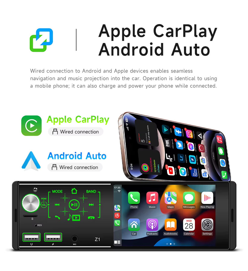 BQCC 1DIN Autoradio mit Carplay und Android Auto, 4,1 Zoll MP5-Player mit Bluetooth 5.1, USB-A und FM, Schwarz - Bild 2
