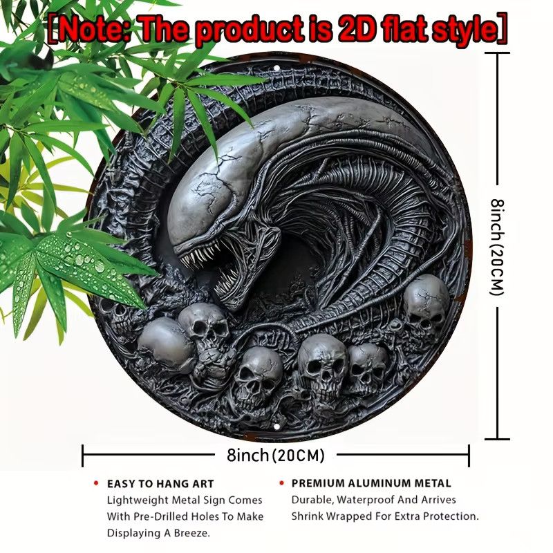 Rundes Aluminiumschild von Potdemiel im Vintage-Alien-Design mit Totenkopf-Motiv als Wanddekoration aus Metall - Bild 2