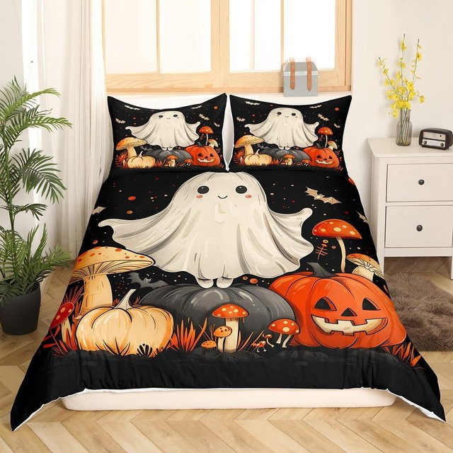 Bettwäsche Spooky Pastell Halloween von patricia_lima mit Kürbis und Geistern, Bettbezug und Kissenbezüge, Farbe: Schwarz, B/H: 135 x 200 cm - Bild 1