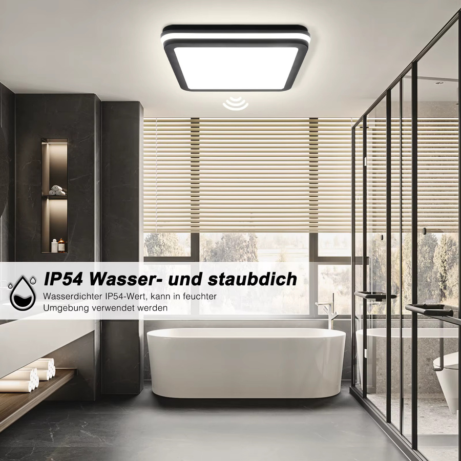 LEOEU Quadratische LED Smart Deckenleuchte mit Radar-Bewegungssensor, 18W, 1800LM, 4000K, IP54, Schwarz und Weiß - Bild 4