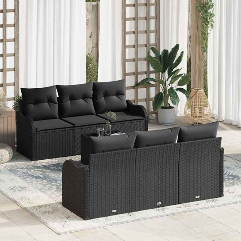Vidaxl Garten-Sofa-Set aus Polyrattan mit Kissen in Schwarz, 7-teiliges Loungemöbel-Set aus Polyrattan, Stahl und Glas, B/T/H: 55 x 55 x 37 cm - Bild 1