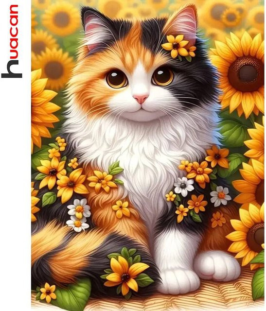 Huacan Diamant-Malerei Katze und Blumen als rundes Diamant-Mosaik in Multicolor, Wandmontage, Durchmesser: 40 cm - Bild 1
