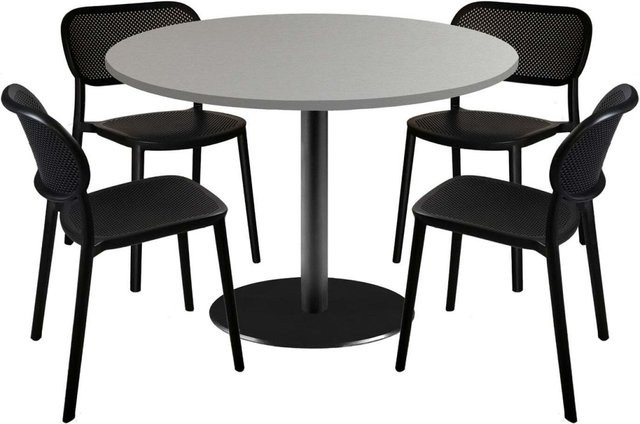 RestooTab Esstisch-Set Rome XL mit 4 Stühlen, runder Esstisch in Grau und Stein-Dekor mit schwarzem Gestell, B/T/H: 120 x 120 x 75 cm - Bild 1