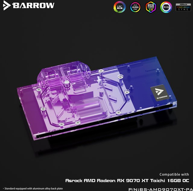 Barrow GPU Wasserblock Flüssigkeitskühlung für ASRock AMD Radeon RX 9070XT mit Kupferbasis und Acryl Top in Schwarz BS-AMD9070XT-PA - Bild 1