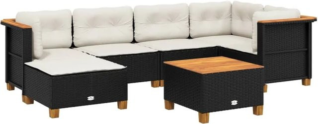 vidaXL 7-tlg Garten-Sofagarnitur in L-Form aus Polyrattan und Akazienholz mit Kissen, Schwarz - Bild 1