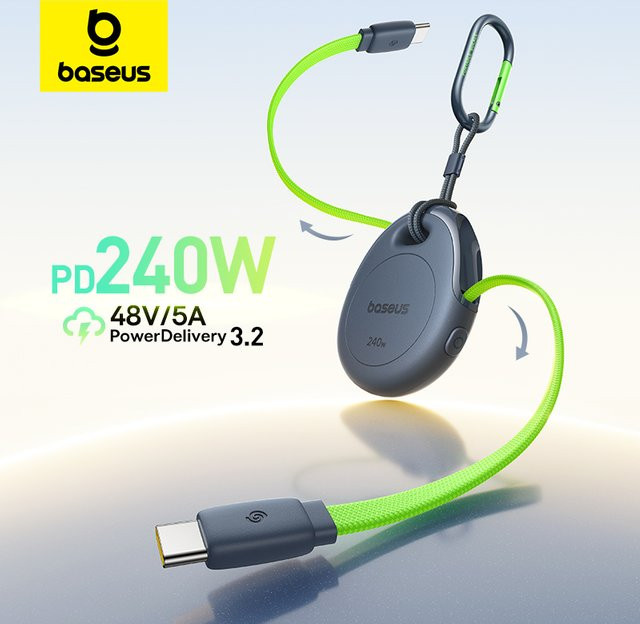 Baseus 240W USB-C Schnelllade- und Datenkabel mit ein-klick-Rückziehfunktion und Karabinerhaken in Schwarz - Bild 1