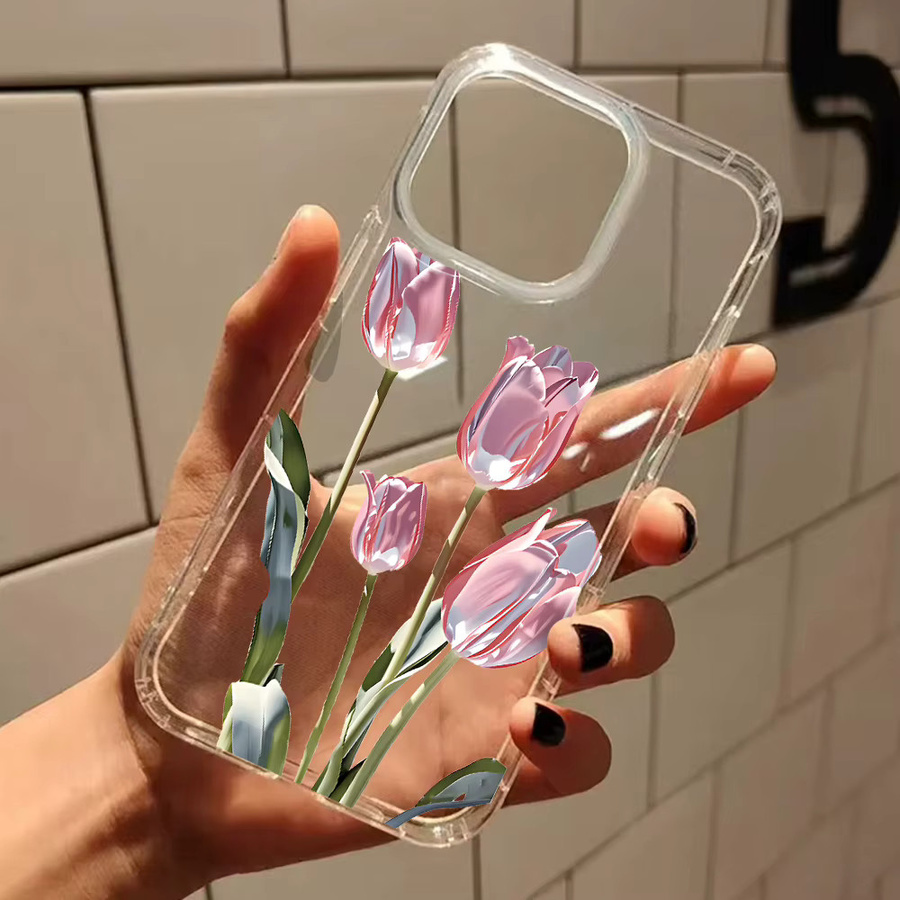 Transparente Silikon Handyhülle mit rosa Tulpen Blumenmuster für iPhone 11 12 13 14 15 16 17 Pro Max und XS XR Soft Cover - Bild 3