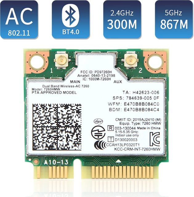 TelDaykemei Mini PCI-E Dual Band 2,4G/5Ghz Bluetooth 4,0 Wifi Netzwerk Karte 7260HMW Wlan Wireless 802.11 ac/a/b/g/n in Grün für Laptop Windows 8/10 - Bild 1