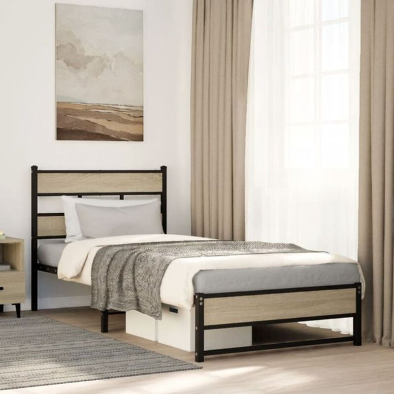Metallbett Vidaxl in Sonoma-Eiche Natur im Industrial-Stil, B/T/H: 90 x 190 x 91,5 cm - Bild 1