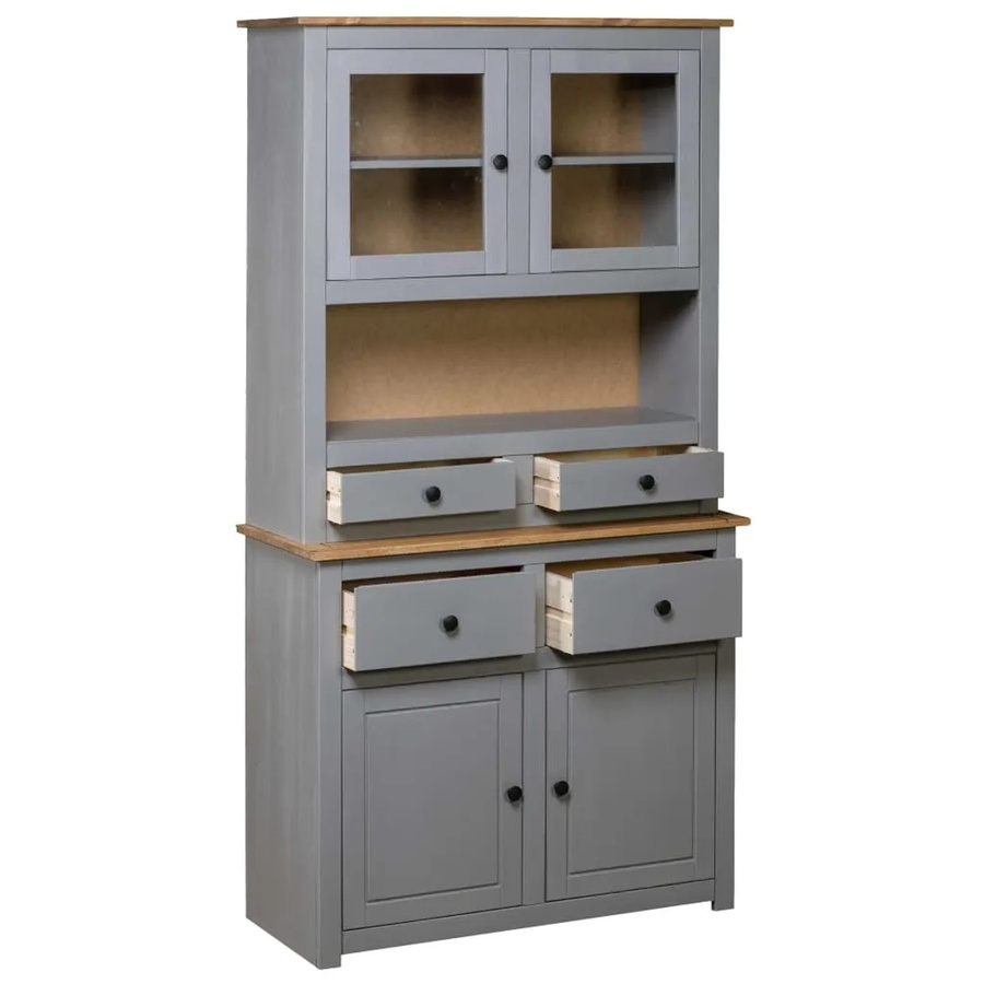 vidaXL Highboard Panama aus Kiefernholz in Grau mit Glastüren und Regalfächern, B/T/H: 93 x 40,5 x 180 cm - Bild 2