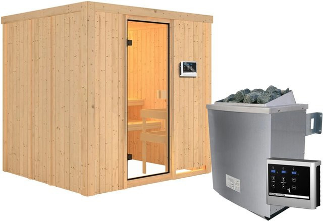 Karibu Sauna Tromsö mit 9 kW Ofen, externem Steuergerät und bronzierter Glastür, Farbe: Braun, B/T/H: 196 x 178 x 198 cm - Bild 1