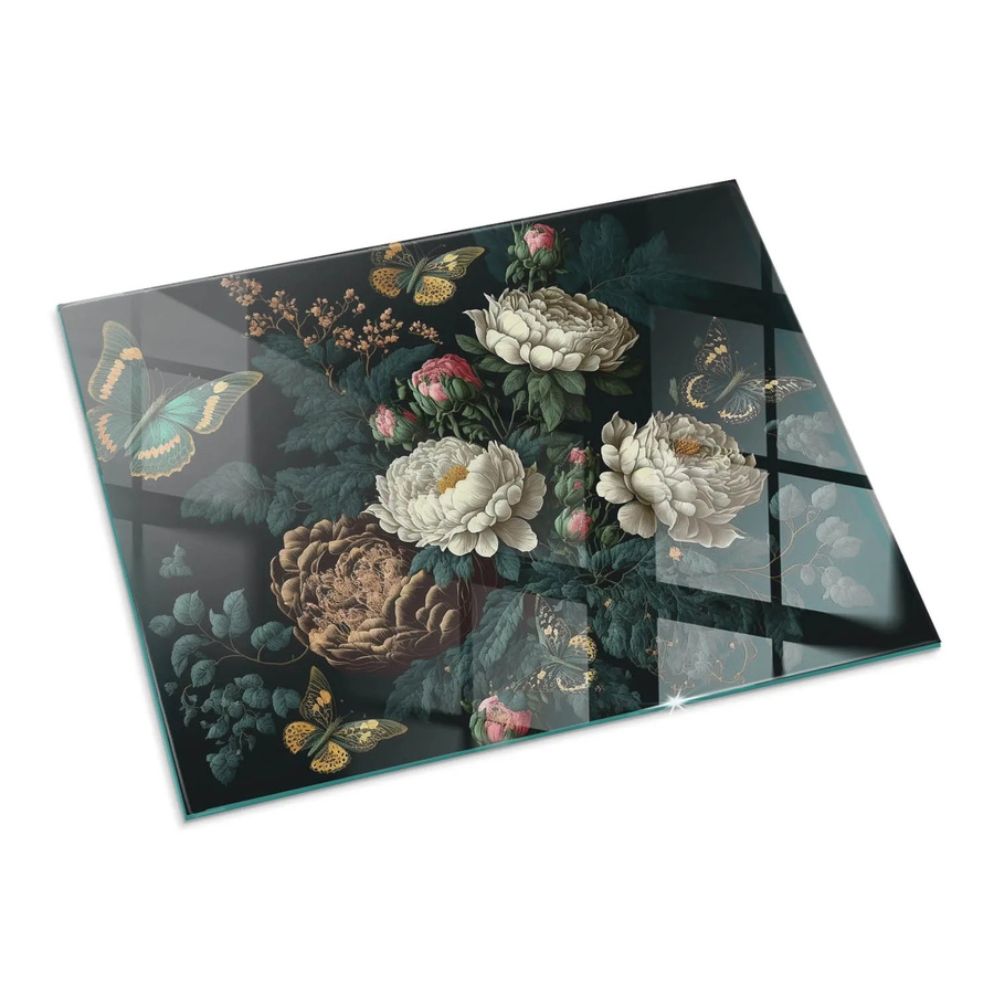 Tulup Glasplatte für Kamin mit Blumenmuster und Schmetterlingen, Grün, B: 80 cm, T: 60 cm - Bild 2