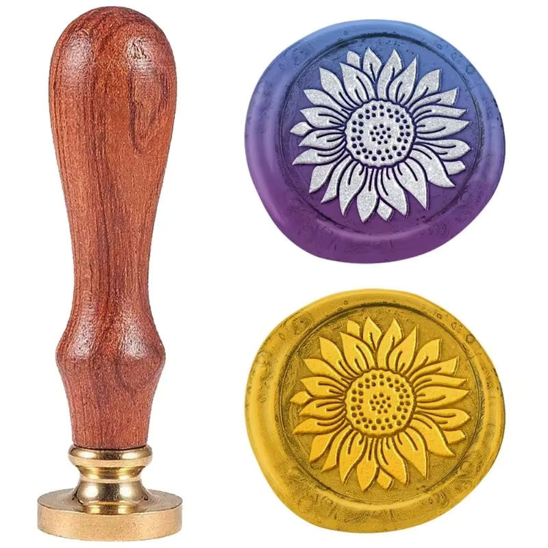 Retro Wachssiegel mit Sonnenblumen-Motiv aus Messing und Holzgriff in Braun - Bild 4