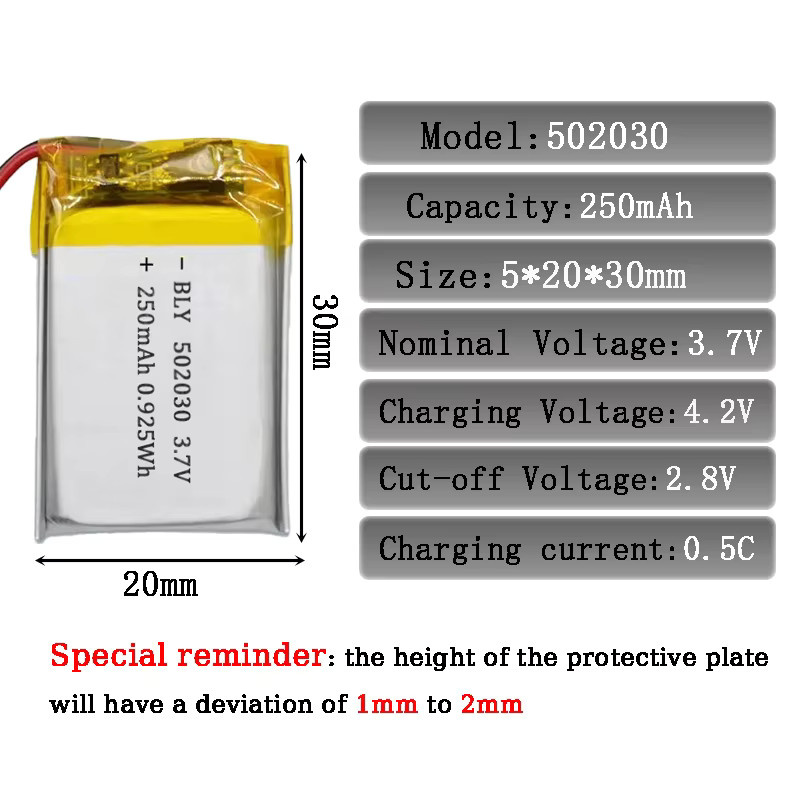 10 Stück TaLaBat Polymer-Lithium-Akku 502030, 3,7 V 250 mAh, Farbe Silber, für GPS-Navigatoren, MP5 und Bluetooth-Headsets - Bild 2
