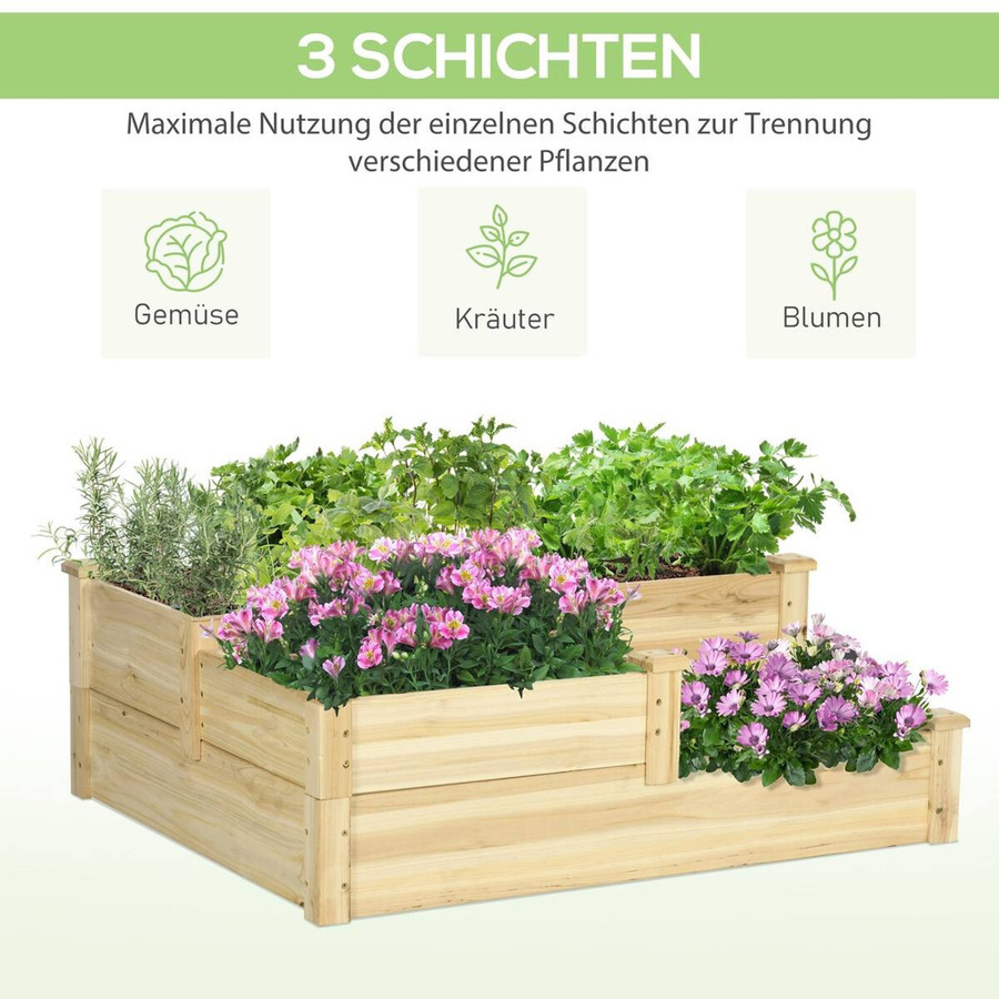 Outsunny 3-stufiges Hochbeet aus Tannenholz in Braun, Pflanzentreppe für Garten und Balkon, B: 88 cm, H: 36 cm, L: 108 cm - Bild 3