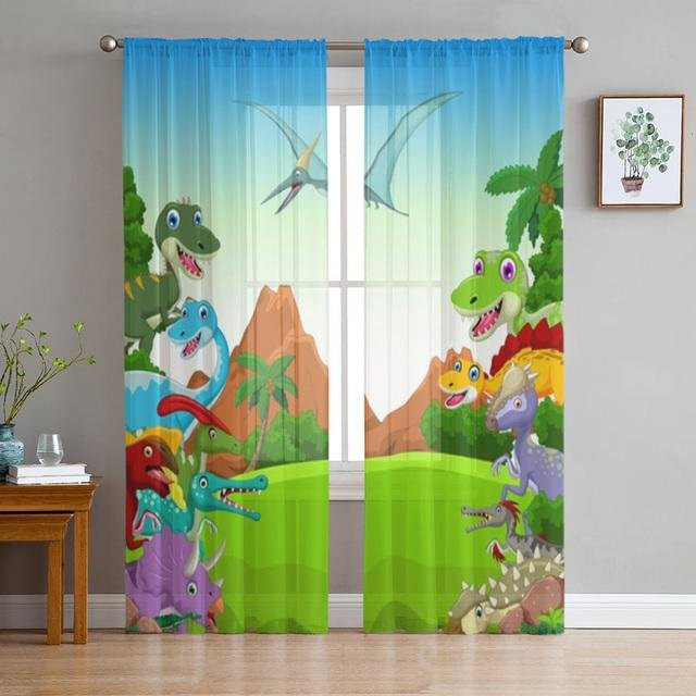 A Family Of Home Textiles Vorhang mit Cartoon-Dinosaurier-Motiv für Kinder, halbtransparent, Mehrfarbig, B: 135 cm, H: 114 cm - Bild 1