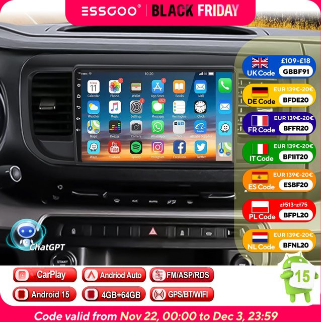 ESSGOO 9 Zoll Autoradio mit 8-Kern Prozessor, 6 GB RAM + 128 GB Speicher, Apple Wireless CarPlay und Android Auto, 2 DIN mit 4G, WLAN und GPS Navigation für Citroën Jumpy 3, Peugeot Expert und Toyota Proace, Schwarz - Bild 1