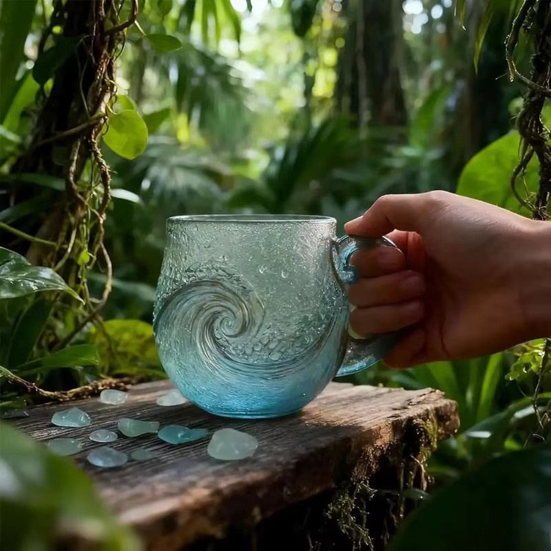 Handgefertigte Kaffeetasse aus Glas mit Meereswellen-Design in Blau - Bild 3