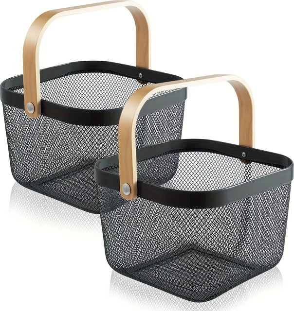 2er-Pack quadratischer Obstkorb aus Metallgeflecht von Leeseph mit Holzgriff in Schwarz und Lila - Bild 1