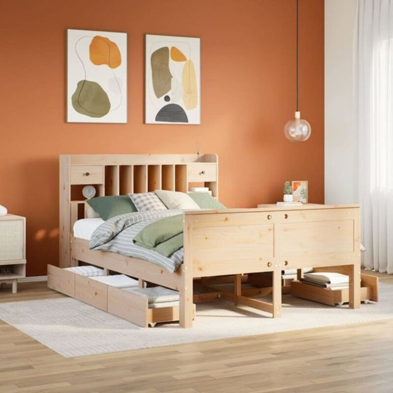 Massivholzbett Vidaxl aus Kiefer mit Regal in Braun und Natur, Skandinavischer Stil, B/T: 140 x 190 cm - Bild 1