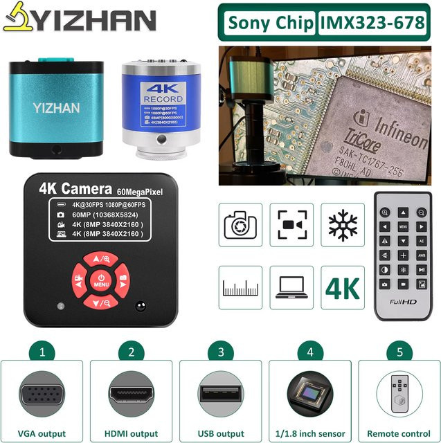 YIZHAN Trinokular Mikroskop Kamera mit Sony IMX415L Sensor, 60MP 4K Auflösung, USB und HDMI Anschluss, C/CS Halterung in Schwarz - Bild 1