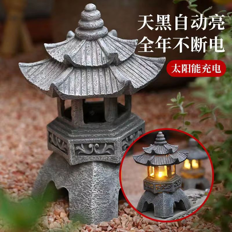 Solarbetriebene Zen Garten Statue als chinesische Pagoden Laterne aus Steinoptik für deinen Hof - Bild 2