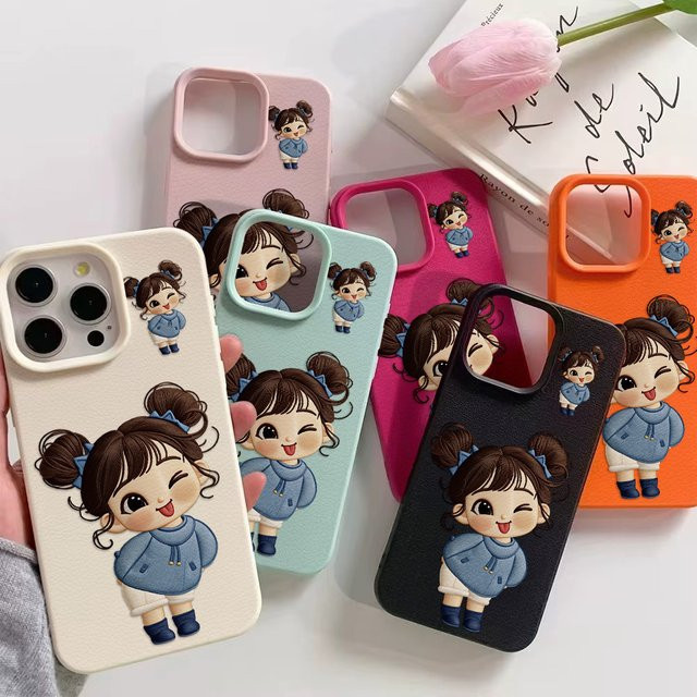 AKABEILA Handyhülle aus Leder und Silikon mit niedlichem Mädchen-Design für iPhone, stoßfest, Pink/Mehrfarbig - Bild 1