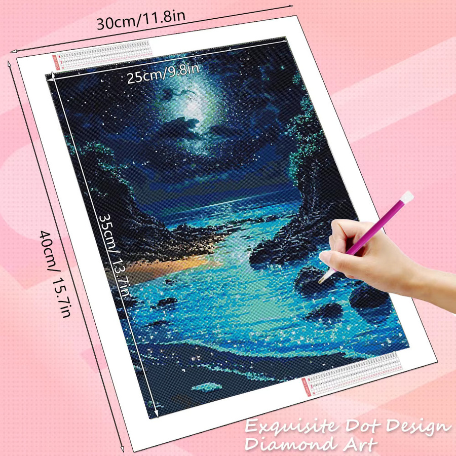 HUACAN Diamantmalerei Küstenlandschaft 5D Strand Motiv in Blau mit runden Steinen für deine Heimdekoration B/H: 20 x 30 cm - Bild 2