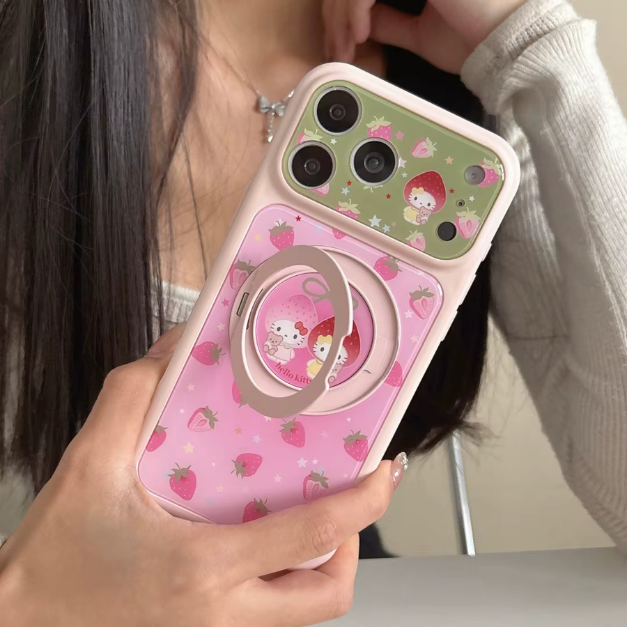 Korea Star Hello Kitty Handyhülle mit Erdbeer-Design und Linsenschutz für Apple iPhone 17 16 15 Pro Max in Pink mit magnetischer Halterung und stoßfestem Schutz - Bild 2