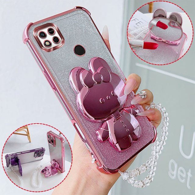 Stoßfeste Handyhülle mit Hasen-Make-up Design, Schwenkständer und Kristall-Lanyard für Xiaomi Redmi 9C, 10A und Poco C31 in Pink - Bild 1