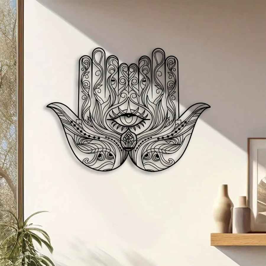 CIFBUY Hamsa-Hand Metall-Wandskulptur in Schwarz als spirituelle Kunstdekoration im Ethnic-Design - Bild 2