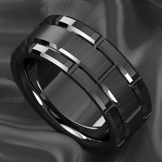 YIRAN Ring Edelstahl, Ziegelmuster, Schwarz, gebürstet, Herren - Bild 1