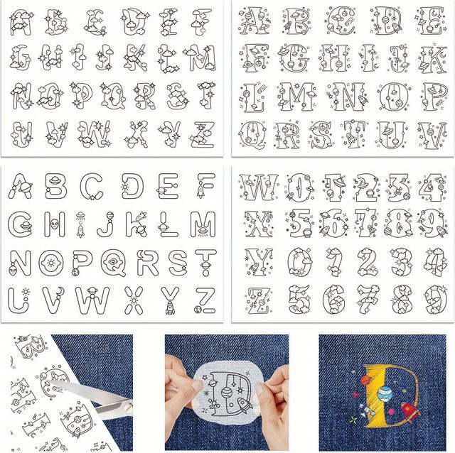 Wasserlöslicher Stickstabilisator mit 4 Blatt und 92 kosmischen Planeten sowie Buchstabendesigns, selbstklebendes Stickpapier in Weiß, Breite: 29,7 cm, Höhe: 21,1 cm - Bild 1