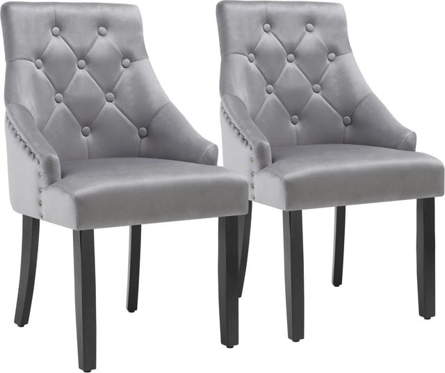 tectake Esszimmerstuhl Everdeen 2er Set, gepolstert in Samtoptik mit Zierknöpfen und Holzbeinen, Grau, B/T/H: 57 x 52 x 91 cm - Bild 1