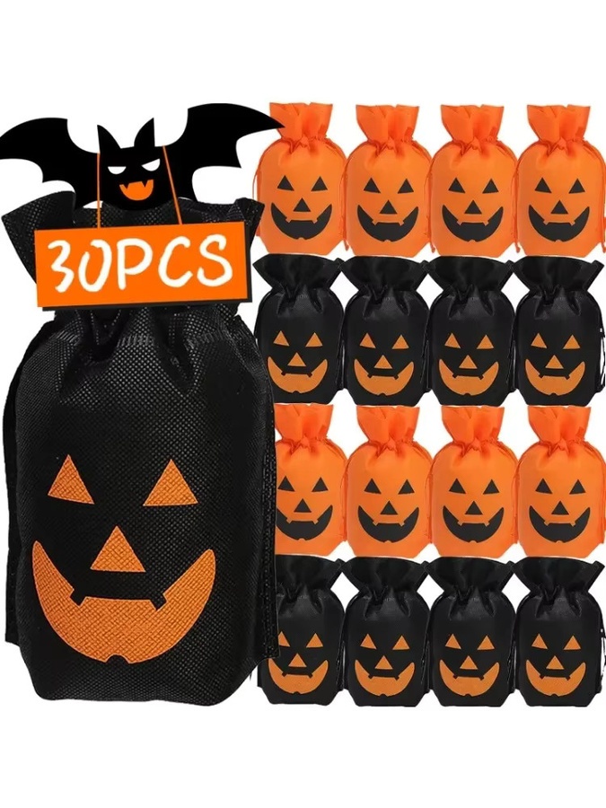 30 Stück Halloween Kürbis Süßigkeiten Taschen aus Vliesstoff mit Kordelzug in Schwarz für Kinder Party Gastgeschenke - Bild 6