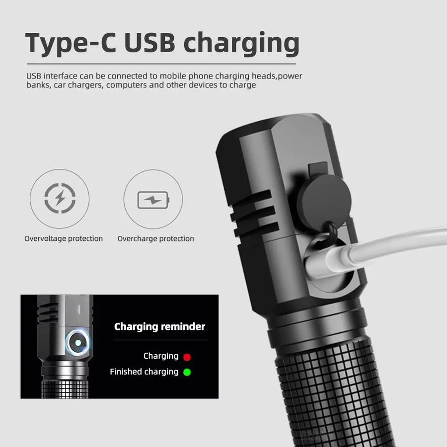 JIASHUAIXIN Mini-Taschenlampe XHP50 LED mit 1500lm, wiederaufladbare Metall-Taschenlampe in Schwarz - Bild 5