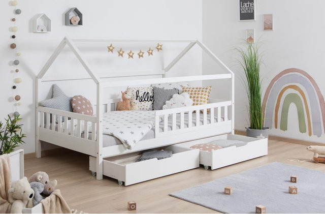 TiCAA Kinderbett Hausbett Montessori Kay aus Kiefer Massivholz mit Schubladen und Rausfallschutz, Farbe: Weiß - Bild 1