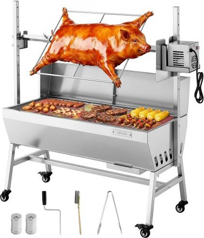 VEVOR Drehspießgrill aus Edelstahl in Silber mit 38 W, Holzkohlegrill für Spanferkel und Lamm mit 7-facher Höhenverstellung und Schutzblech - Bild 1