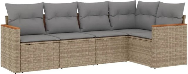 vidaXL 5-teilige Garten-Sofagarnitur in L-Form aus Poly-Rattan in Beige mit Kissen und pulverbeschichtetem Stahlgestell - Bild 1