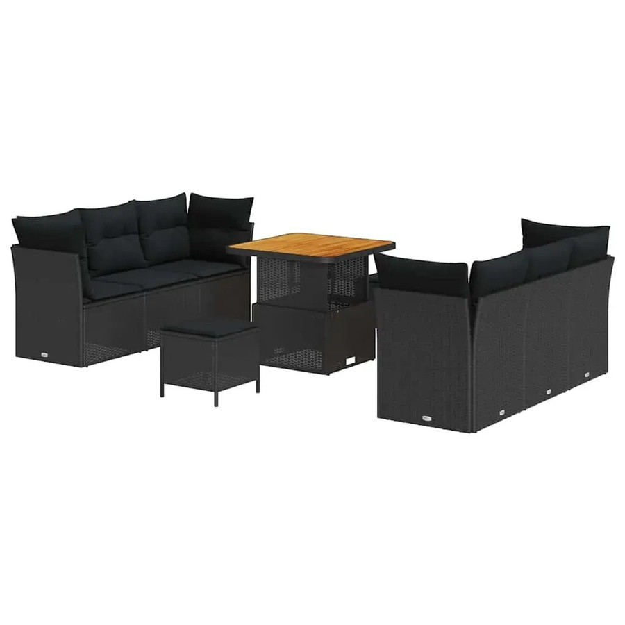 vidaXL 9-teiliges modulares Garten-Sofa-Set aus schwarzem Poly-Rattan und Akazie mit Kissen - Bild 2
